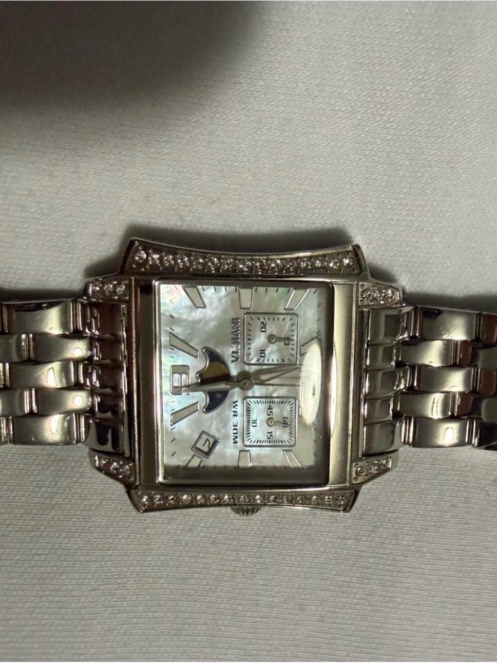 Mens Silver Stainless Steel Chronograph Watch With MotherOfPearl Dial